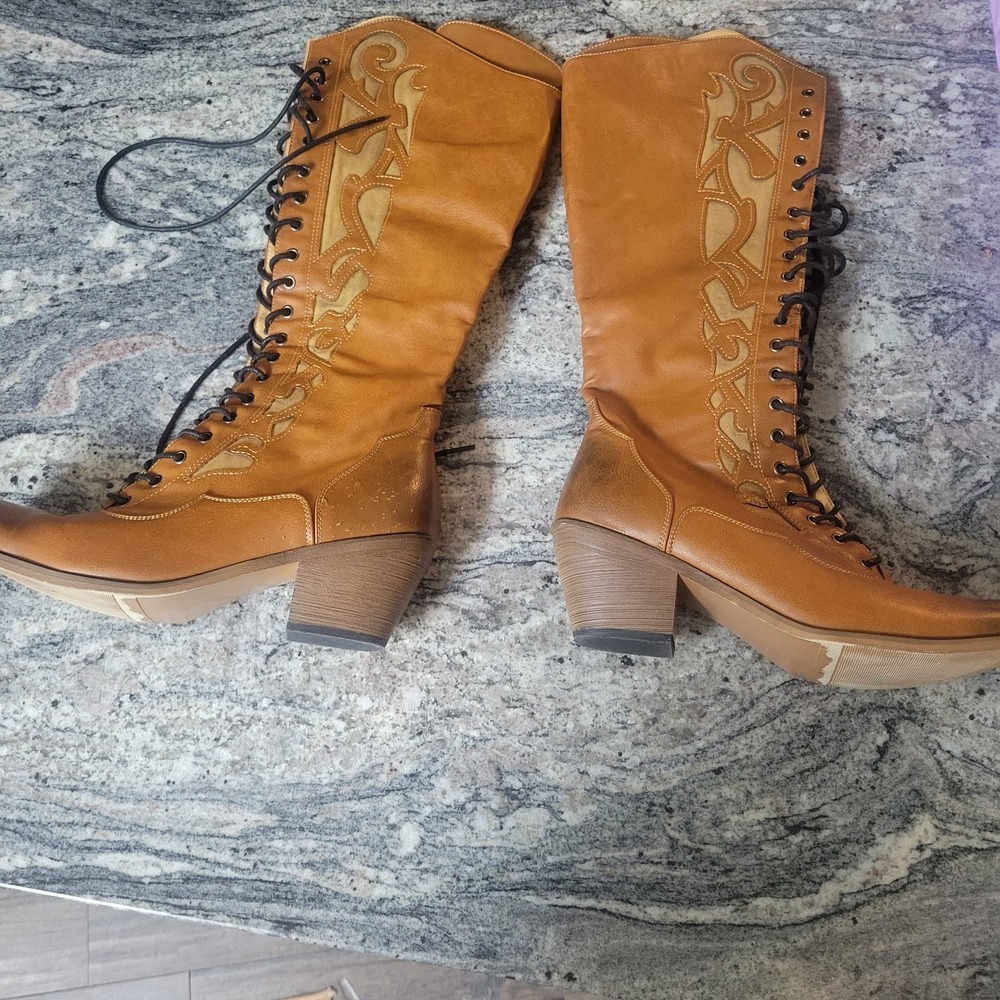 Women's US 10.5 Faux Leather Boots Tie Closure Cutouts Lined Light Brown New
